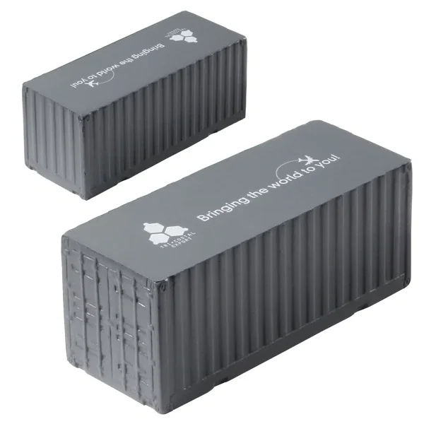 Shipping container shaped polyurethane stress reliever, about 3-3/4 inches long
