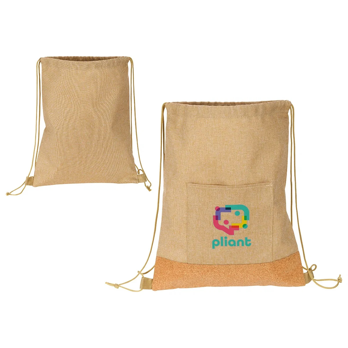 Custom Carina RPET & Cork Drawstring Bag, front view of the branded drawstring bag