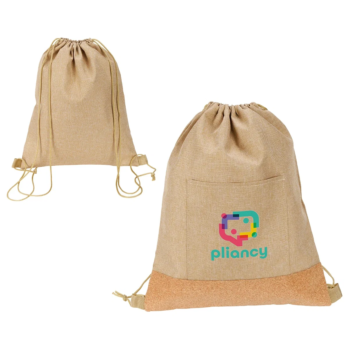 Close-up of the custom Carina RPET & Cork Drawstring Bag's cork base and logo imprint area