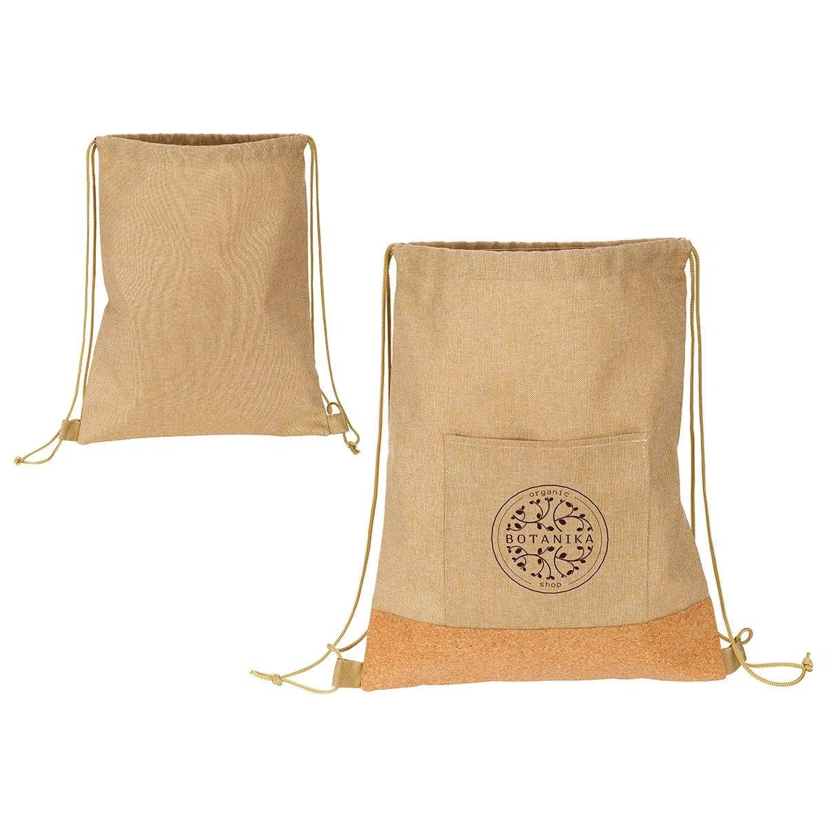 Side profile of the branded Carina RPET & Cork Drawstring Bag