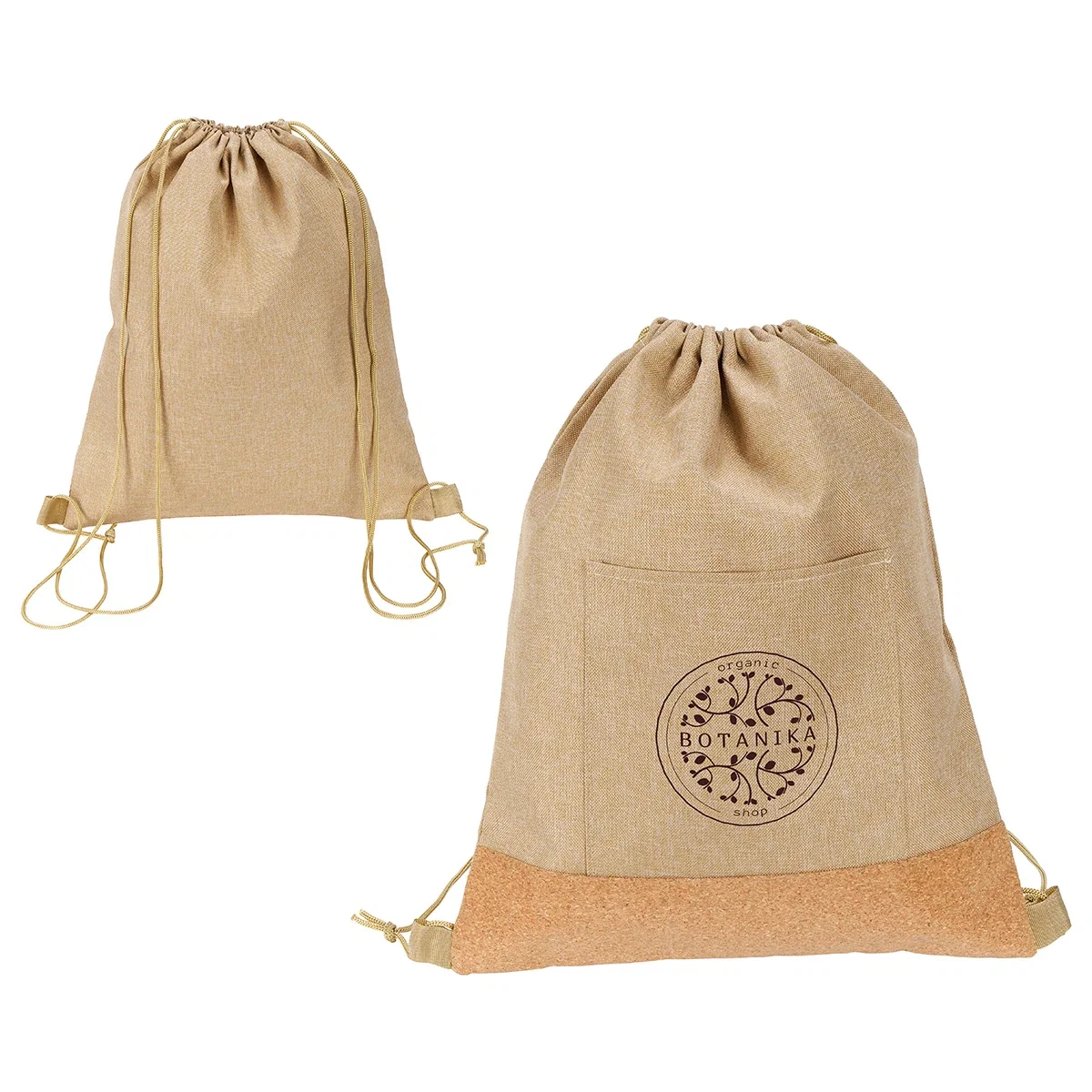 Promotional Carina RPET & Cork Drawstring Bag packed with gear, drawstring bag in use