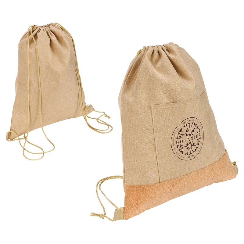 Back view of the branded Carina RPET & Cork Drawstring Bag laid flat