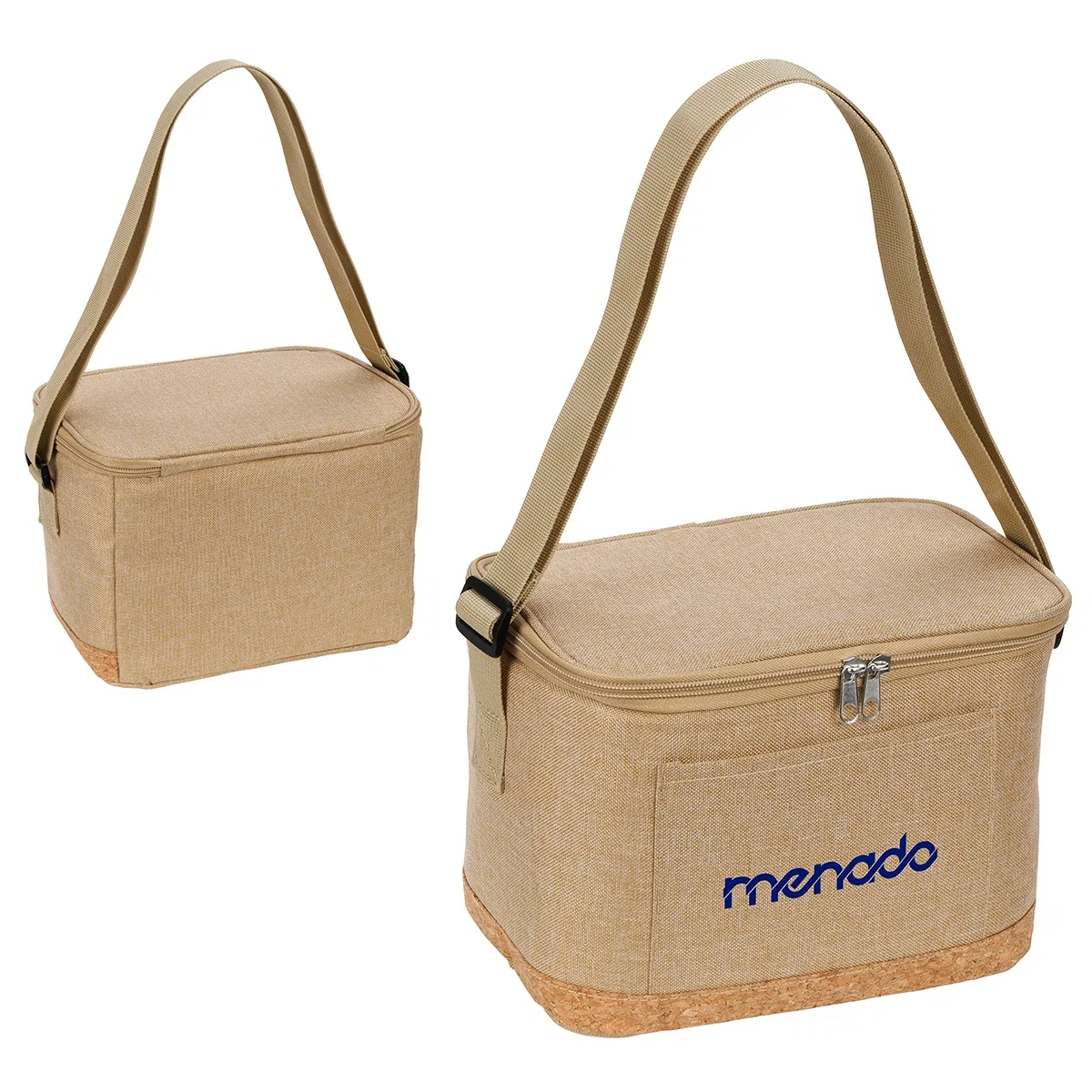 Close-up of the Carina Cooler Bag's cork-accented branded imprint area