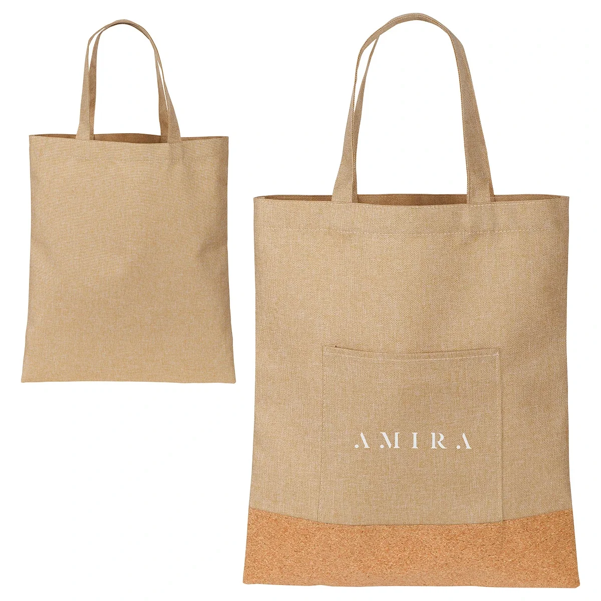 Custom Carina RPET & Cork Tote Bag, front view of the branded tote