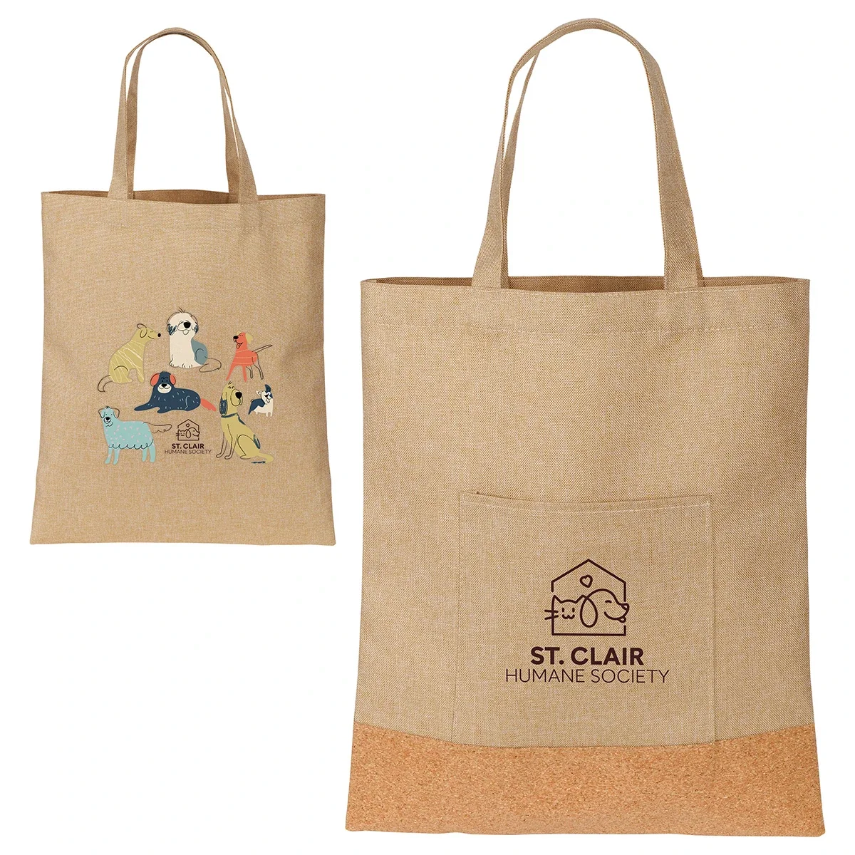 Close-up of the custom Carina RPET & Cork Tote Bag's cork trim and logo imprint area