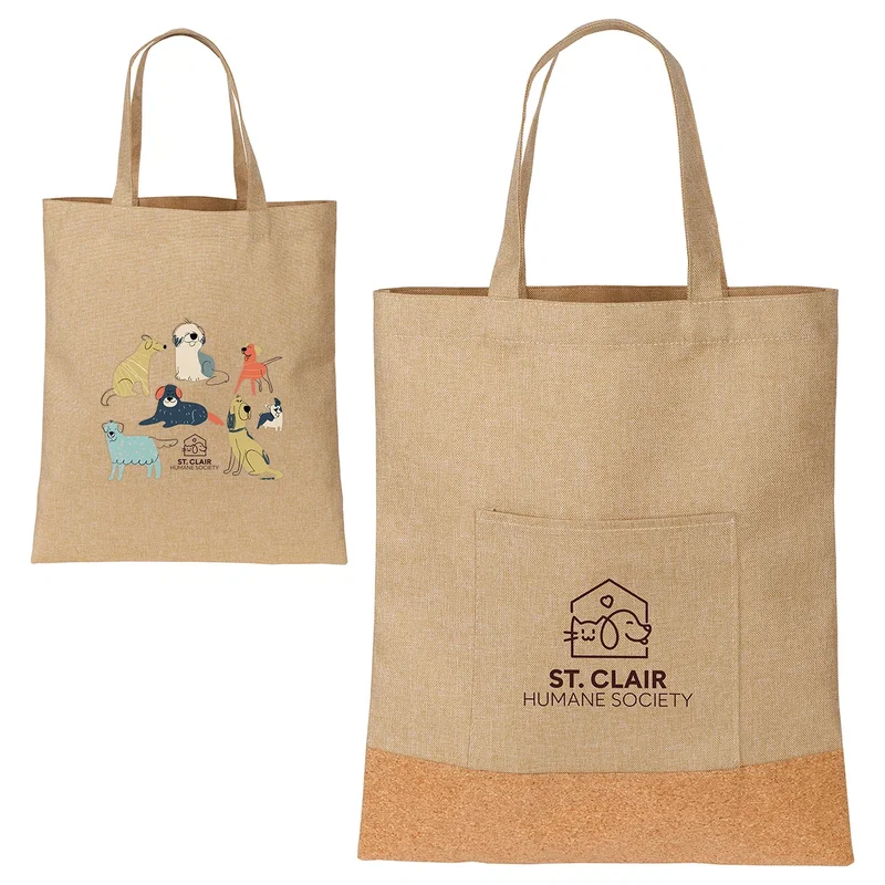 Close-up of the custom Carina RPET & Cork Tote Bag's cork trim and logo imprint area