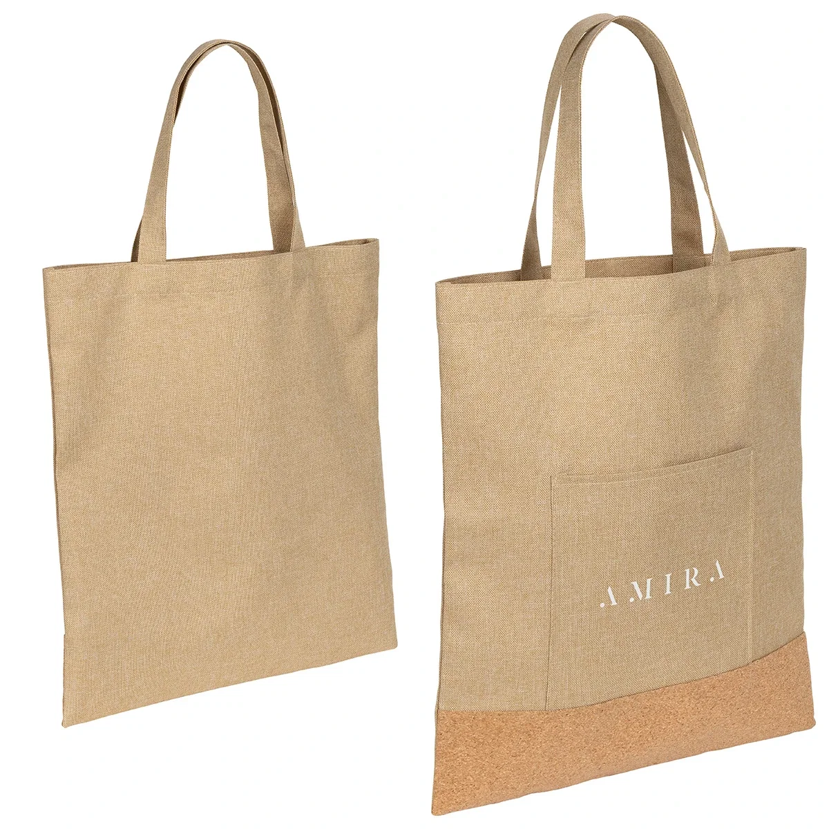 Promotional Carina RPET & Cork Tote Bag carried over the shoulder, tote bag in use