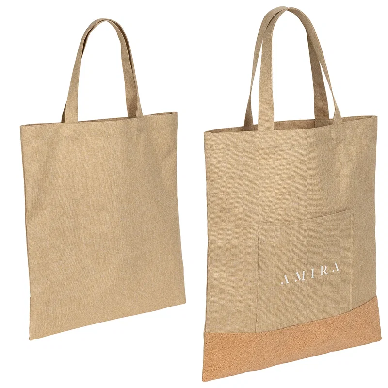 Promotional Carina RPET & Cork Tote Bag carried over the shoulder, tote bag in use