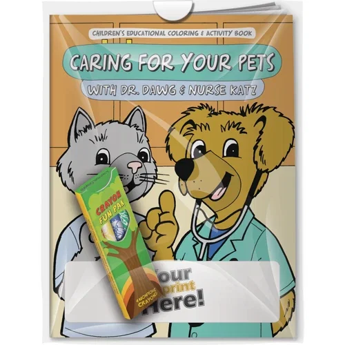 Caring for Your Pets with Dr. Dawg and Nurse Katz coloring book and crayons combo, hero front view