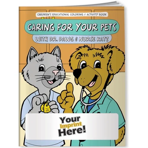Dr. Dawg and Nurse Katz pet care coloring book cover with cartoon animals, front page detail