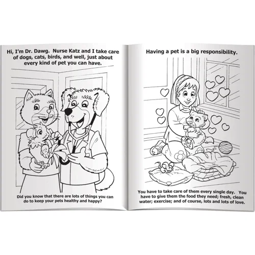 Caring for Your Pets coloring book interior page with line-art scene to color, inside view