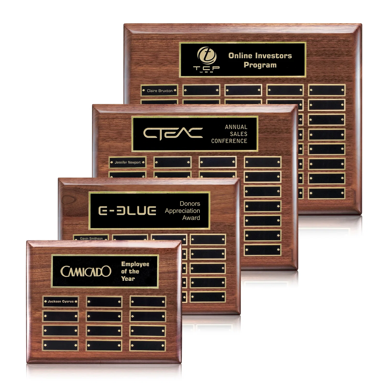 Custom High-Gloss Walnut Perpetual Plaque With Brass Plates In Three Sizes for employee recognition