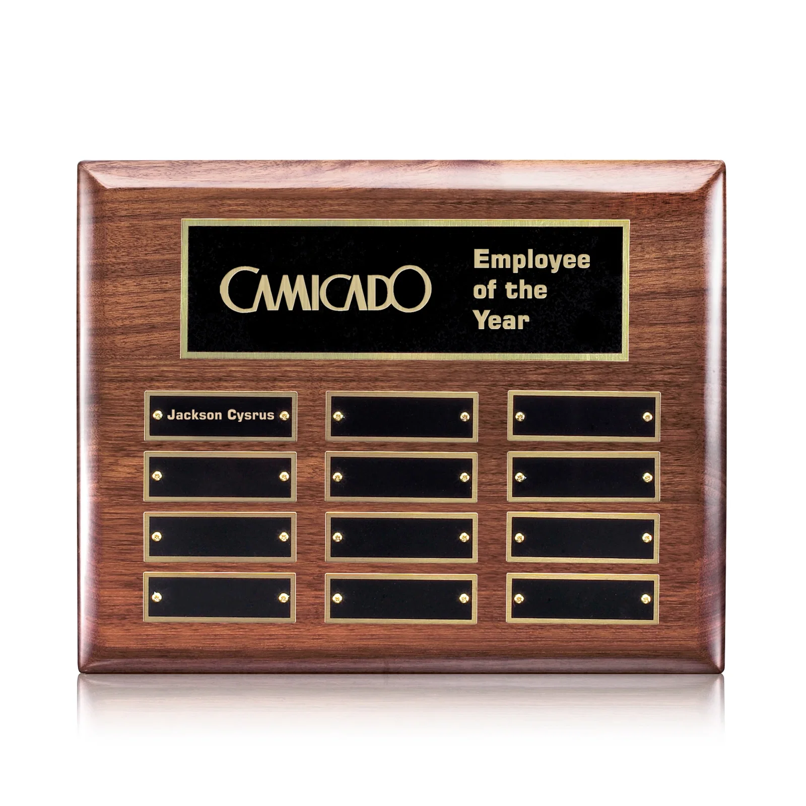 Custom High-Gloss Walnut Perpetual Plaque With Brass Plates In Three Sizes for corporate award ceremonies