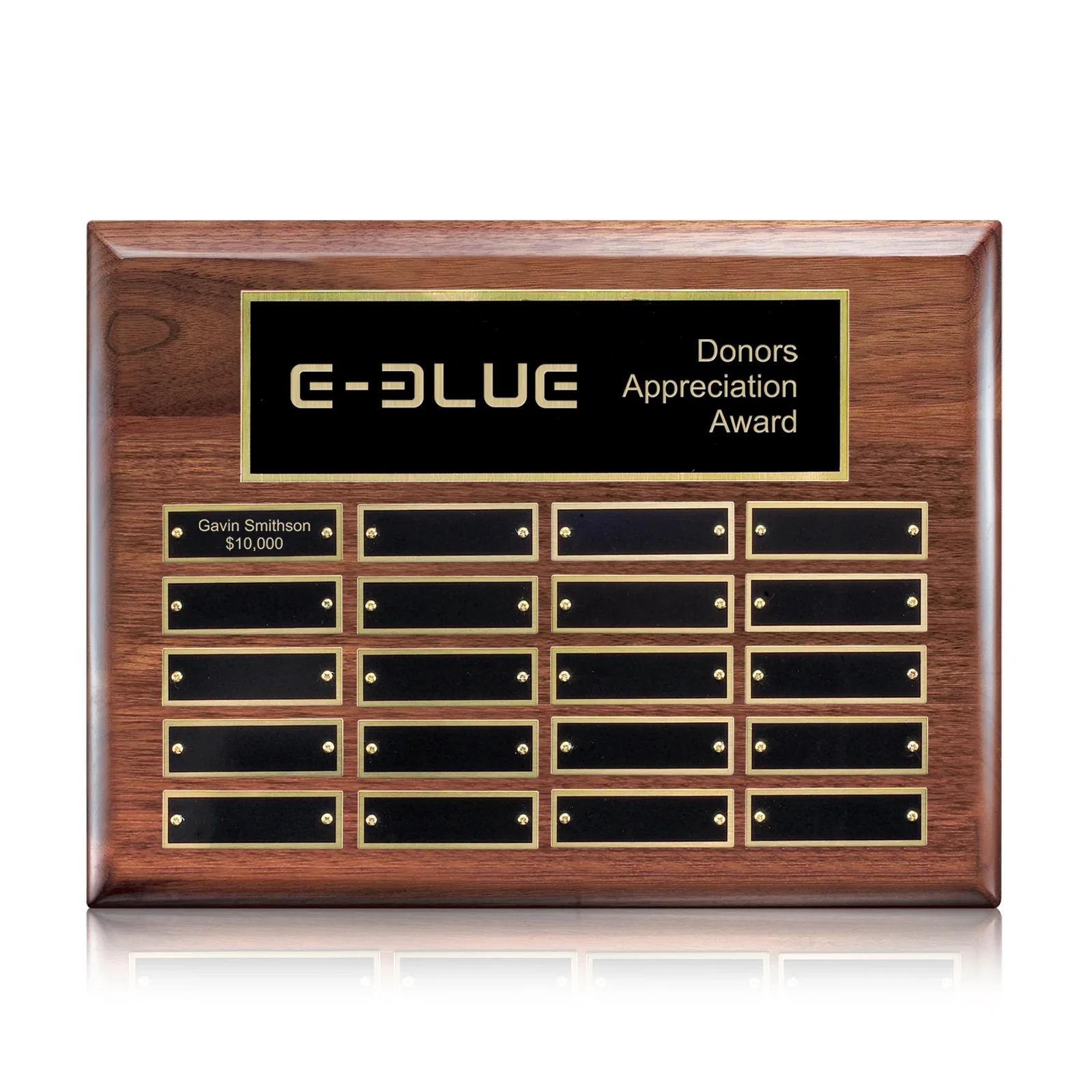 Custom High-Gloss Walnut Perpetual Plaque With Brass Plates In Three Sizes for service anniversary gifts
