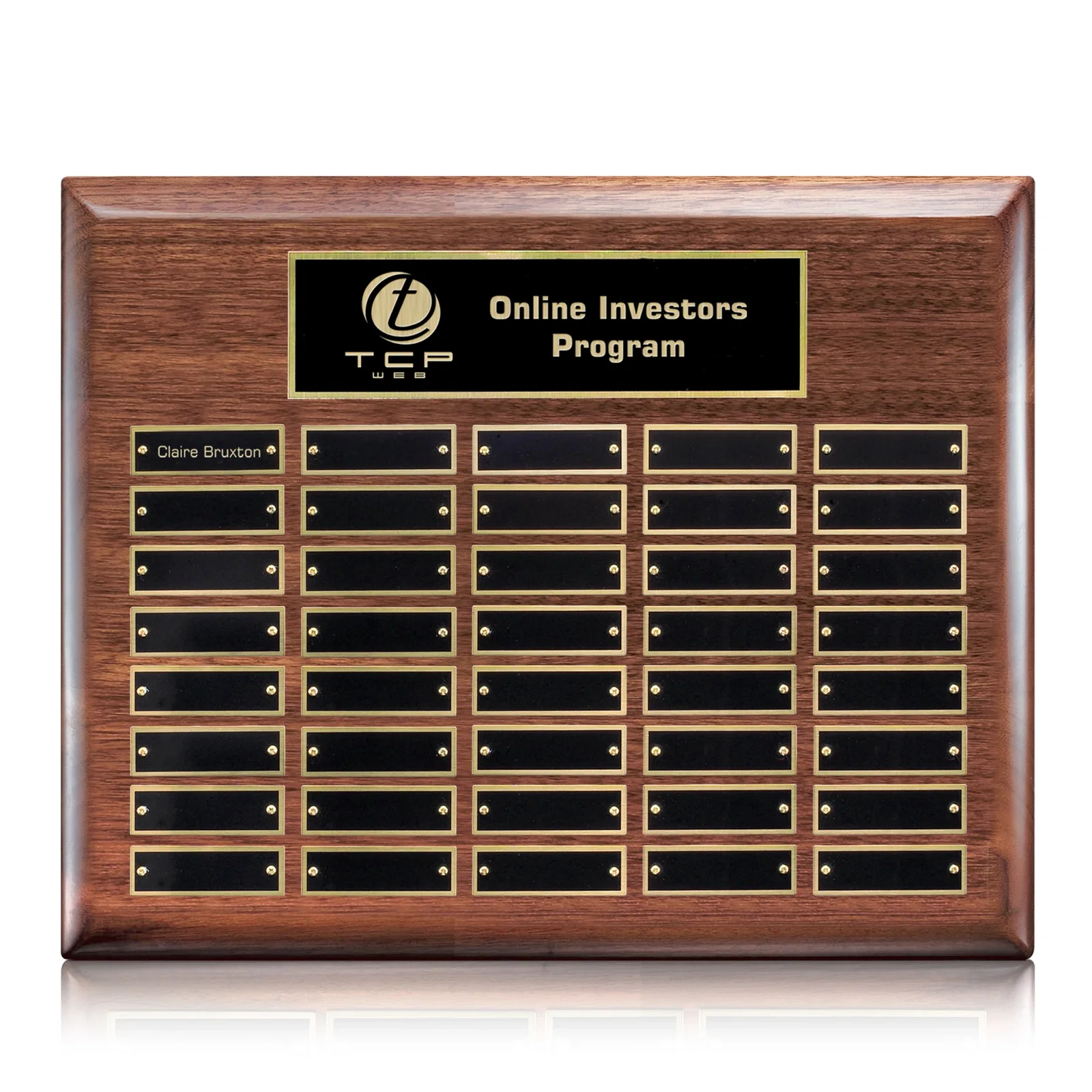 Custom High-Gloss Walnut Perpetual Plaque With Brass Plates In Three Sizes for retirement presentations