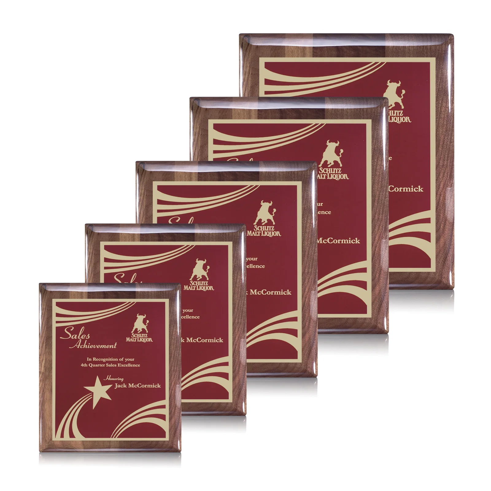 Custom High-Gloss Walnut Wall Plaque with Red Decorative Plate for employee recognition