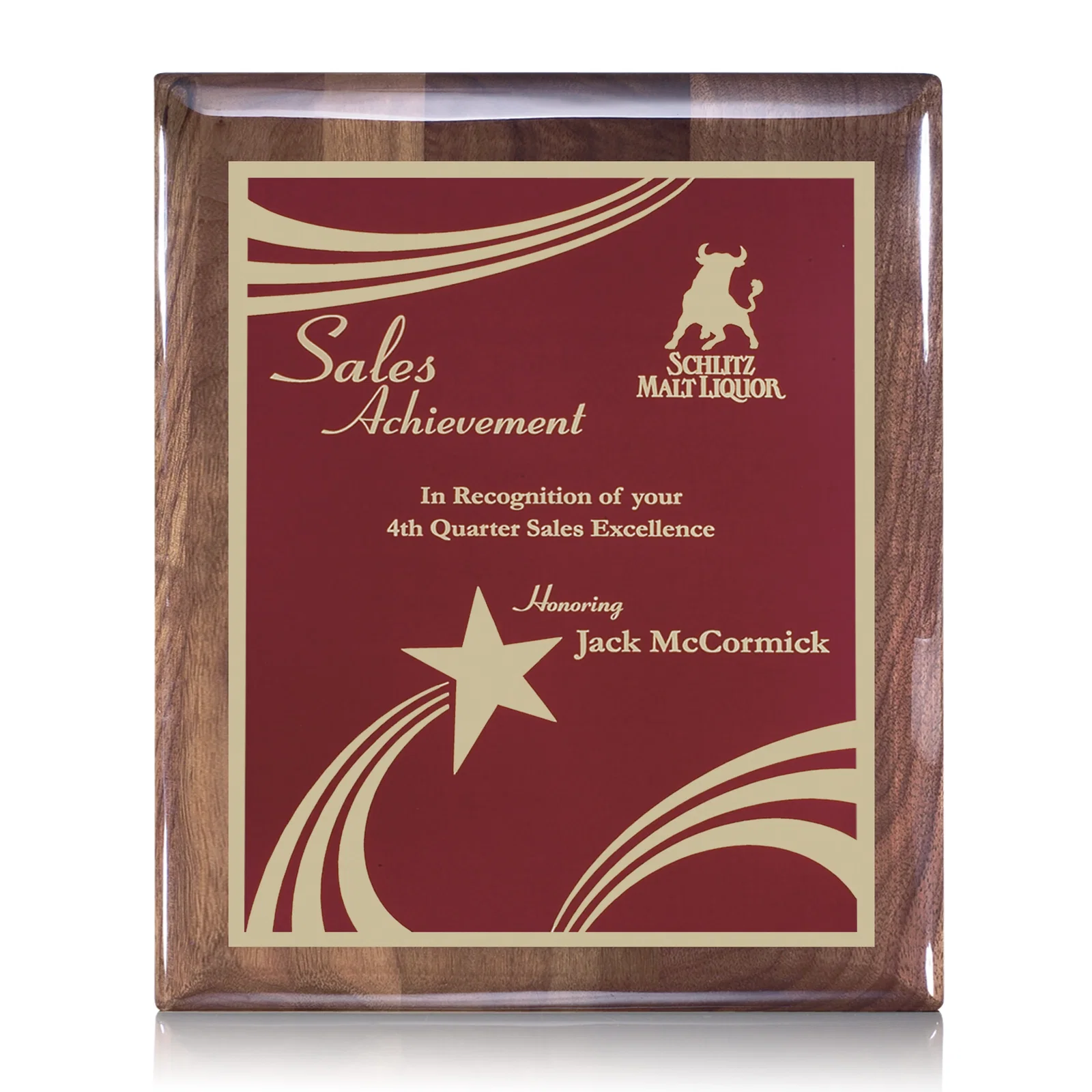 Custom High-Gloss Walnut Wall Plaque with Red Decorative Plate for corporate award ceremonies