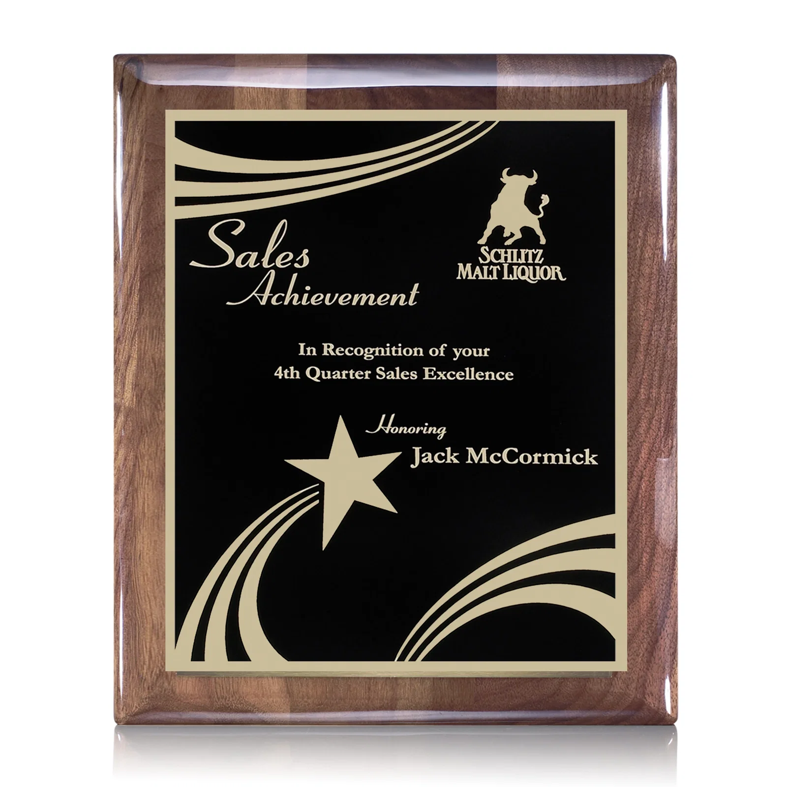 Custom High-Gloss Walnut Wall Plaque with Red Decorative Plate for team milestone celebrations