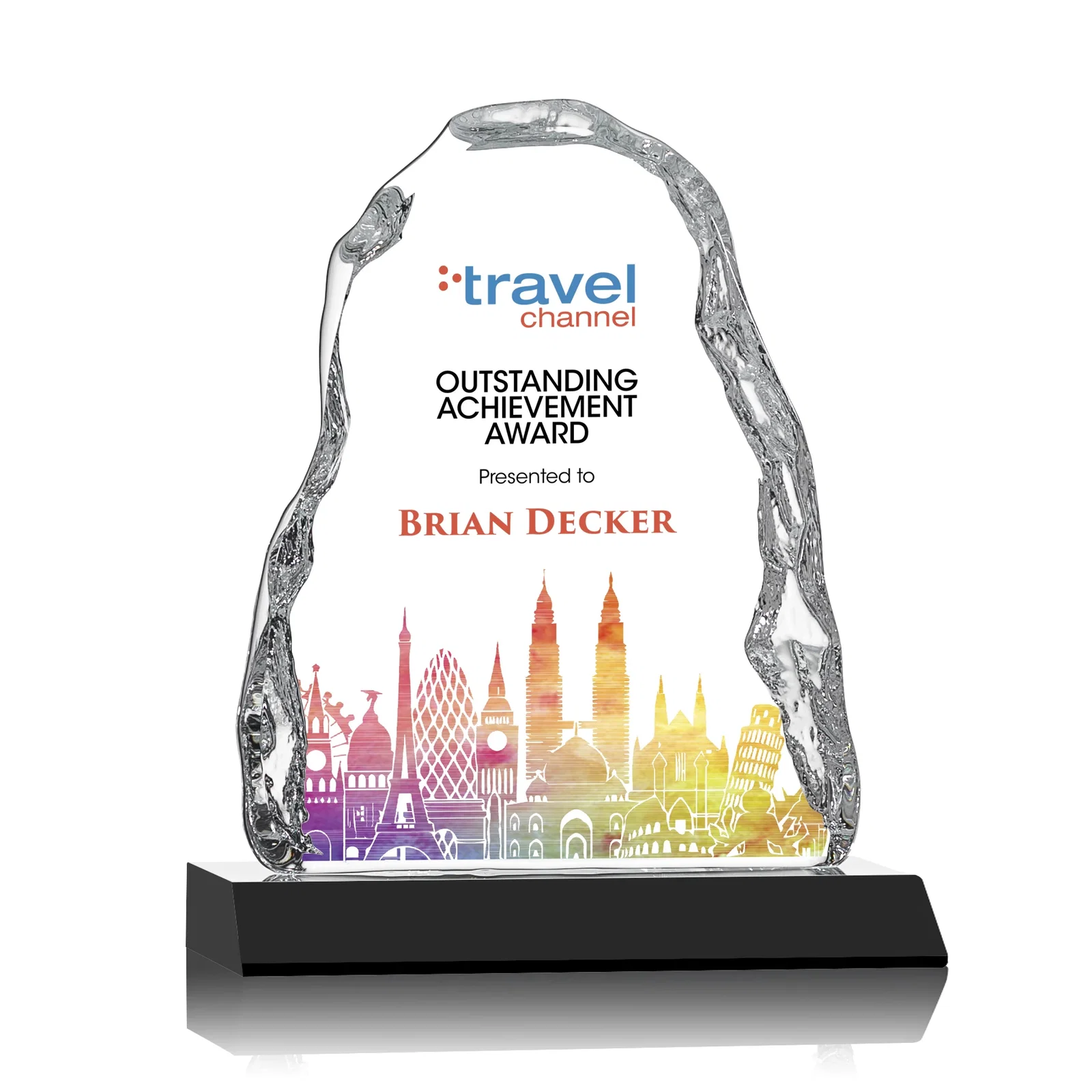 Custom Optical Crystal Iceberg Award on Mitered Color Base - Carling, awards for company anniversary events