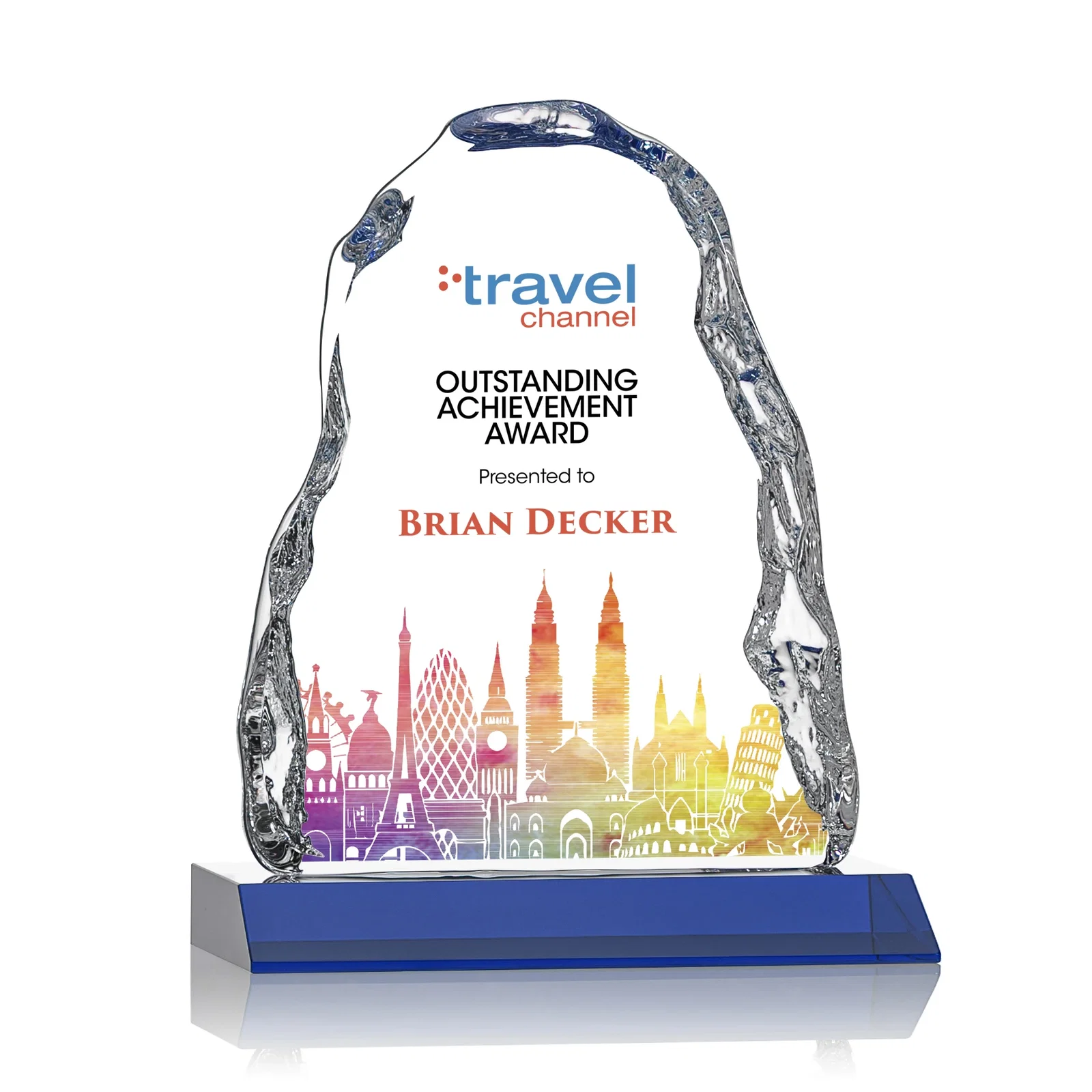 Personalized Optical Crystal Iceberg Award on Mitered Color Base - Carling, awards for employee recognition
