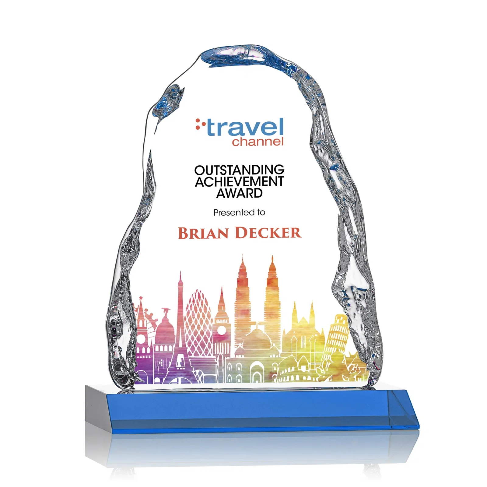 Personalized Optical Crystal Iceberg Award on Mitered Color Base - Carling, awards for service anniversary gifts