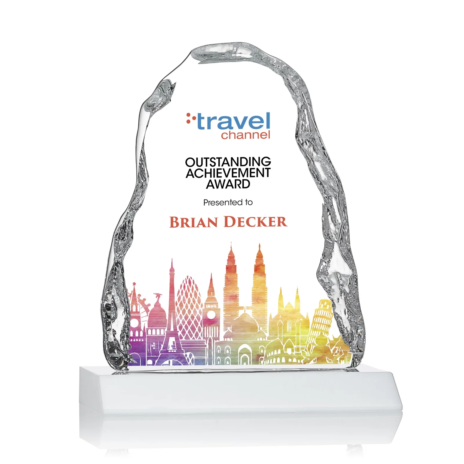 Personalized Optical Crystal Iceberg Award on Mitered Color Base - Carling, awards for sales achievement awards