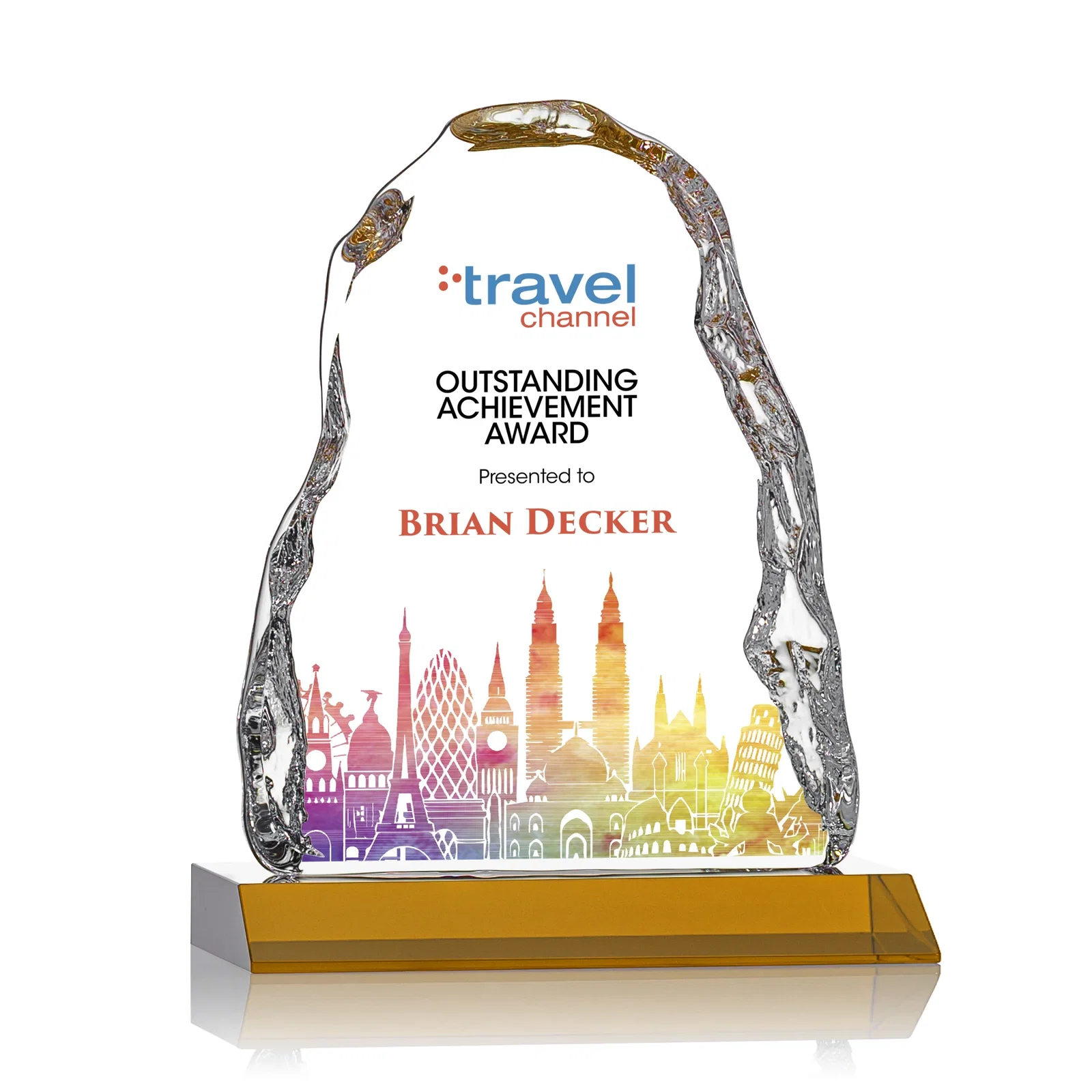 Personalized Optical Crystal Iceberg Award on Mitered Color Base - Carling, awards for retirement presentations