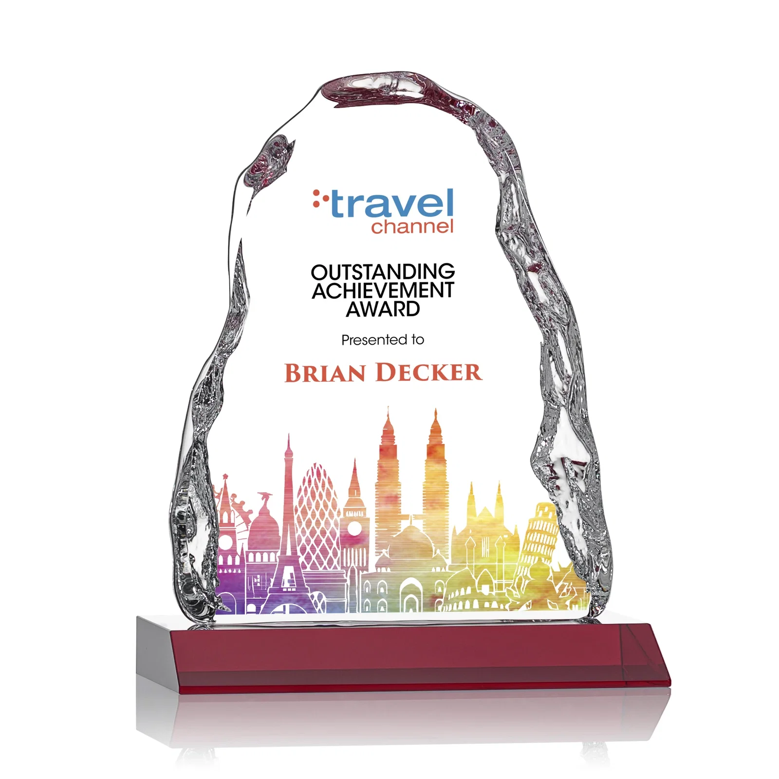 Personalized Optical Crystal Iceberg Award on Mitered Color Base - Carling, awards for team milestone celebrations