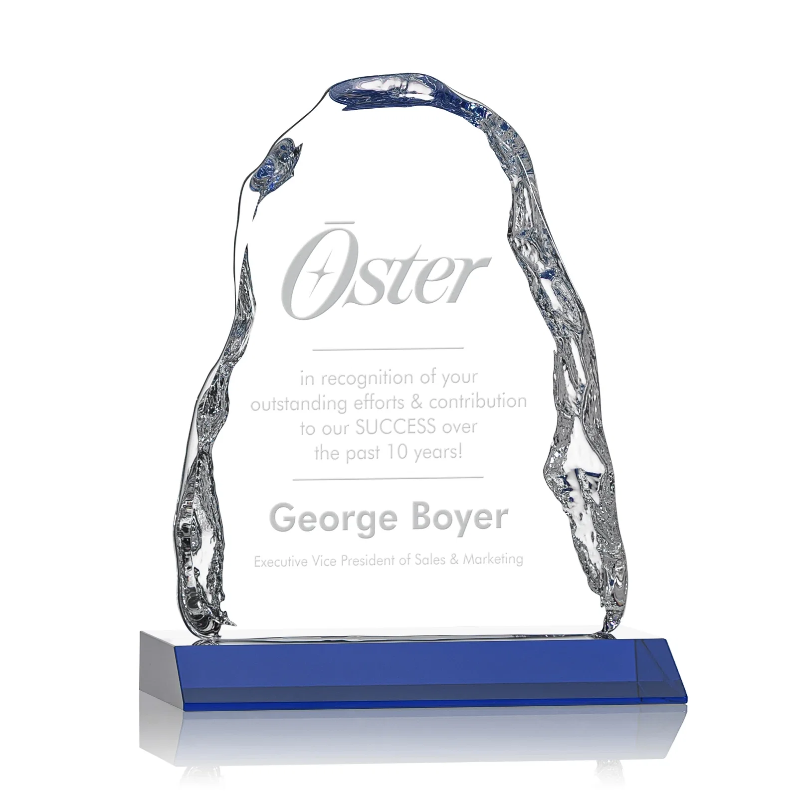Custom Optical Crystal Iceberg Award on Mitered Color Base - Carling, awards for sales achievement awards