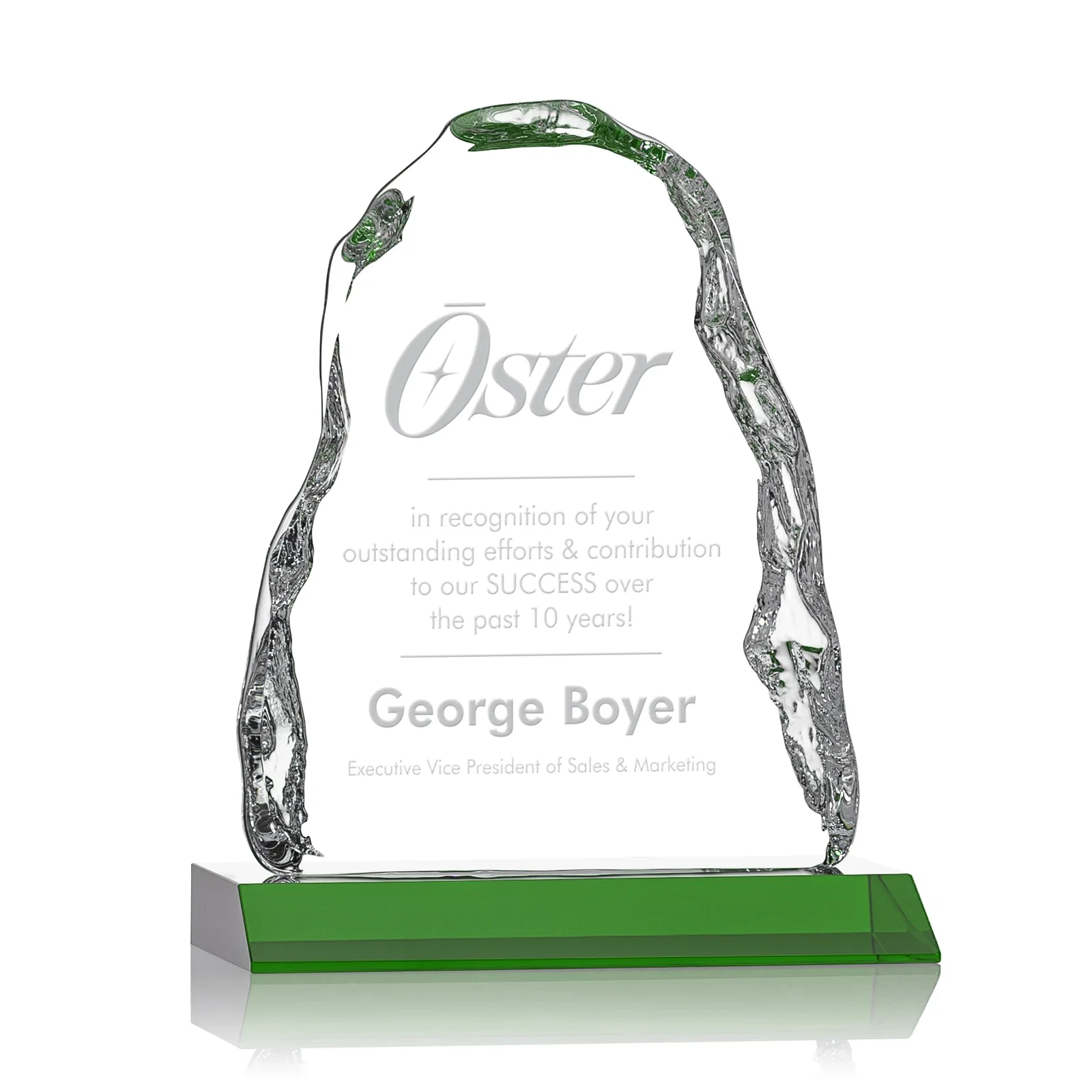 Custom Optical Crystal Iceberg Award on Mitered Color Base - Carling, awards for retirement presentations