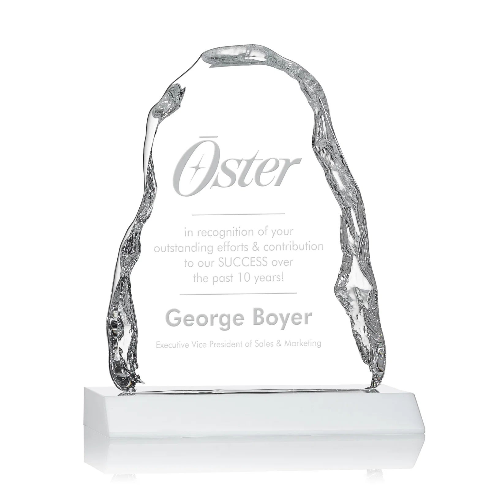 Custom Optical Crystal Iceberg Award on Mitered Color Base - Carling, awards for donor appreciation