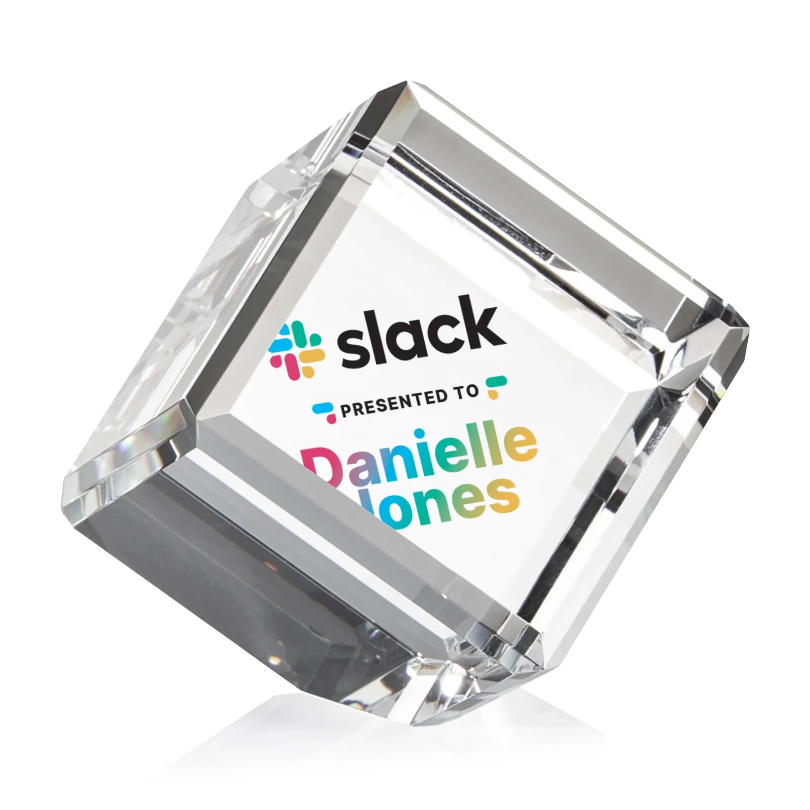 Personalized Clipped-Corner Crystal Cube Paperweight, 2"-4.625" in 6 Sizes, client appreciation gift for safety achievement programs