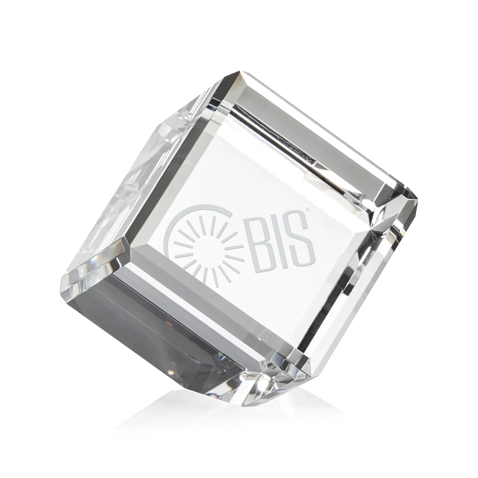 Custom Clipped-Corner Crystal Cube Paperweight, 2"-4.625" in 6 Sizes, client appreciation gift for retirement presentations