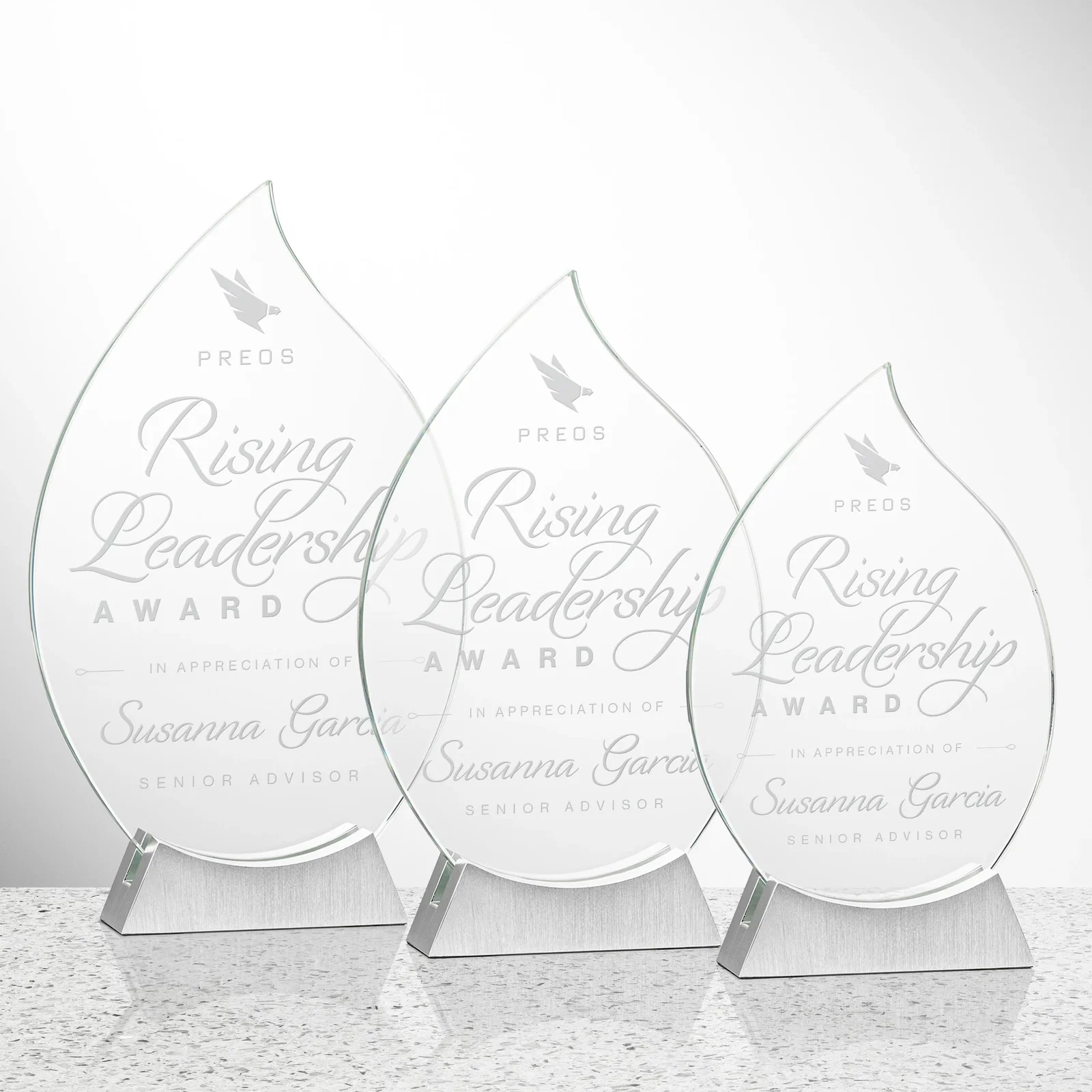 Custom Starfire Crystal Flame Award on Brushed Aluminum Base for employee recognition