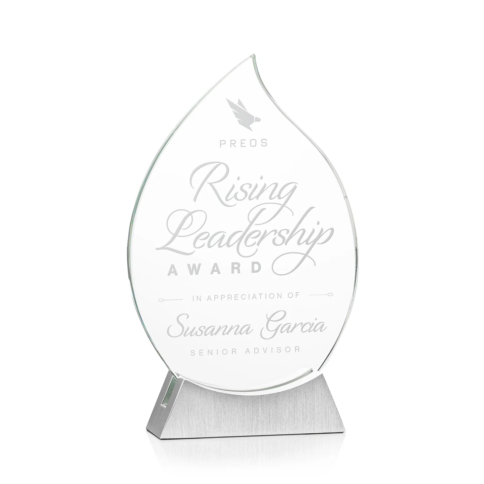 Custom Starfire Crystal Flame Award on Brushed Aluminum Base for corporate award ceremonies