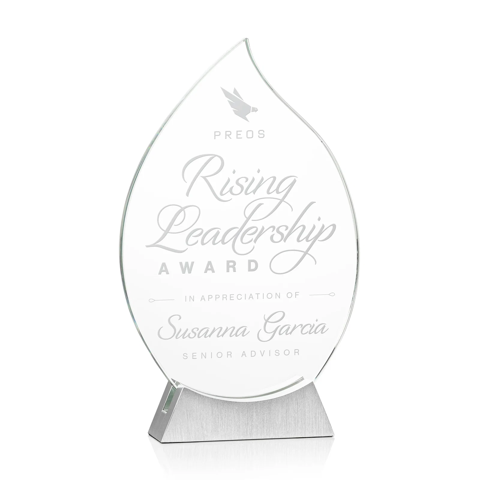 Custom Starfire Crystal Flame Award on Brushed Aluminum Base for service anniversary gifts