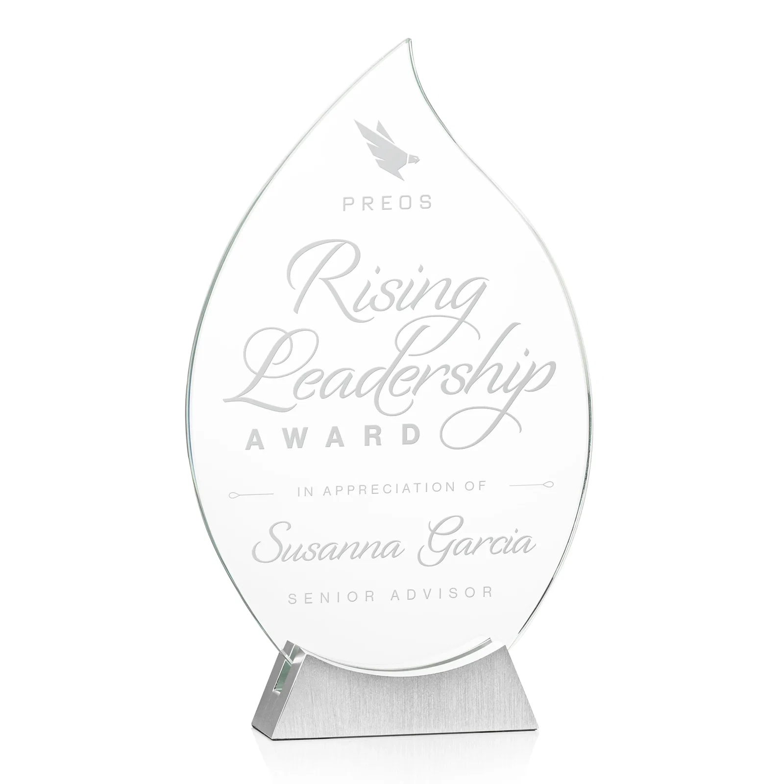 Custom Starfire Crystal Flame Award on Brushed Aluminum Base for sales achievement awards