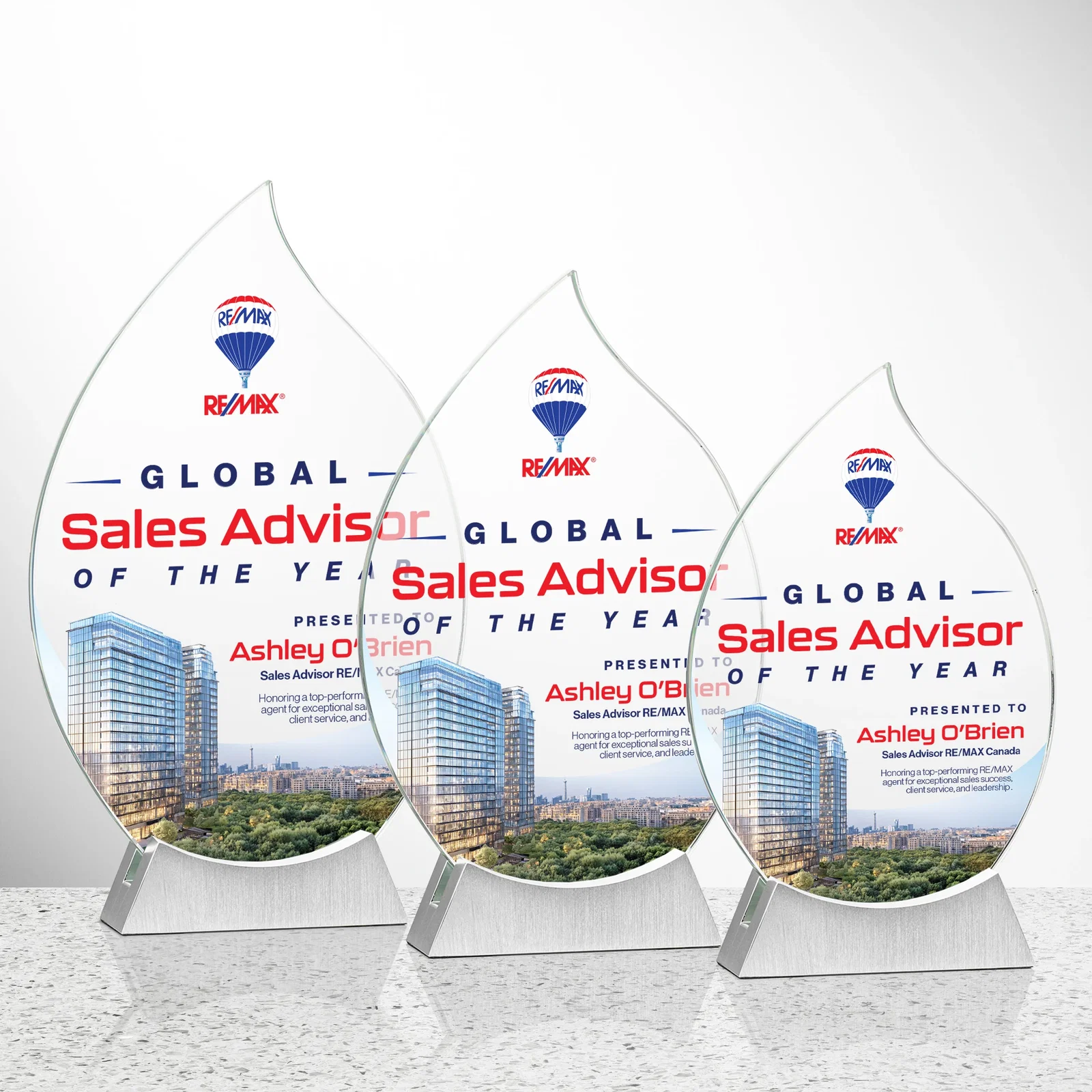 Custom Starfire Crystal Flame Award on Brushed Aluminum Base for team milestone celebrations