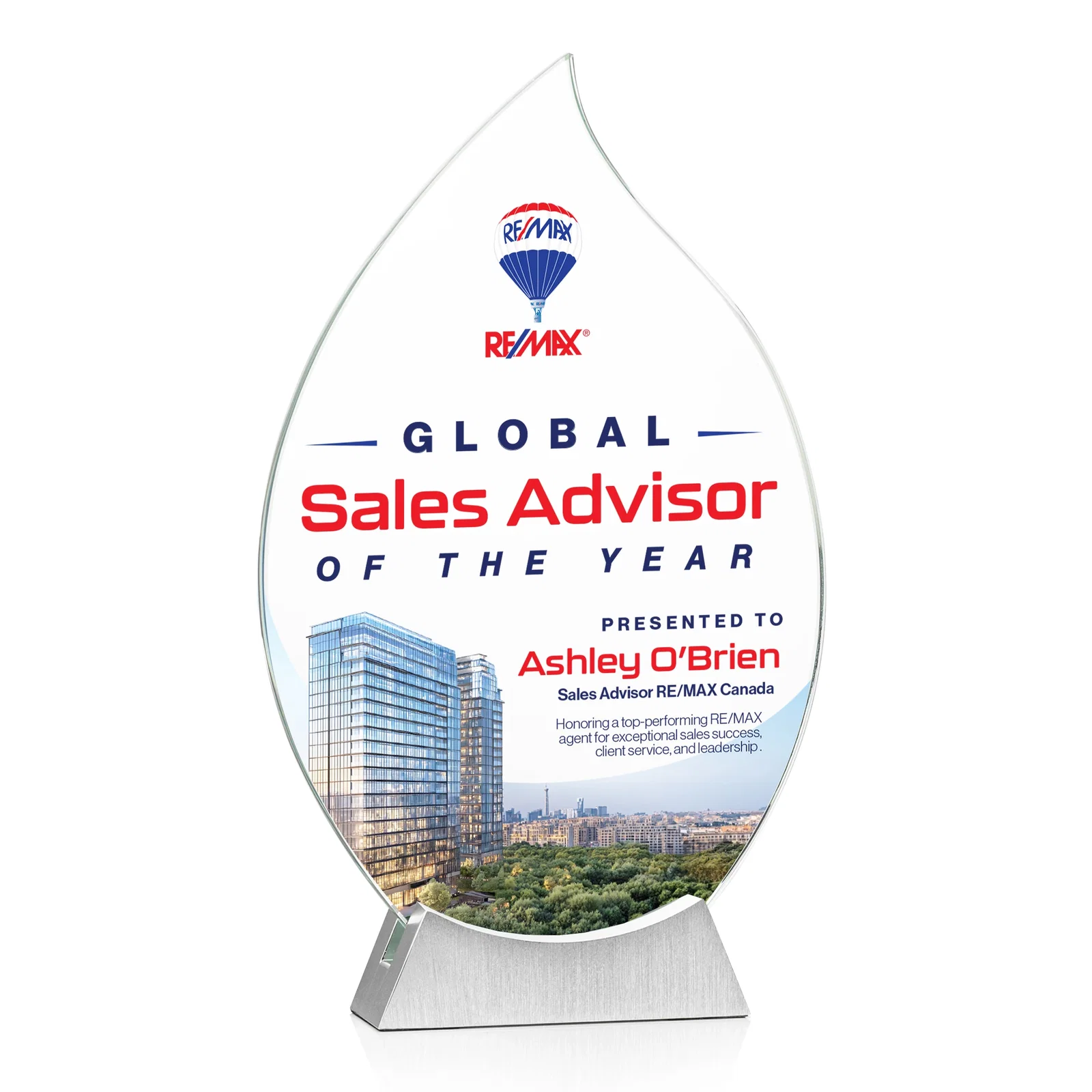 Custom Starfire Crystal Flame Award on Brushed Aluminum Base for safety achievement programs