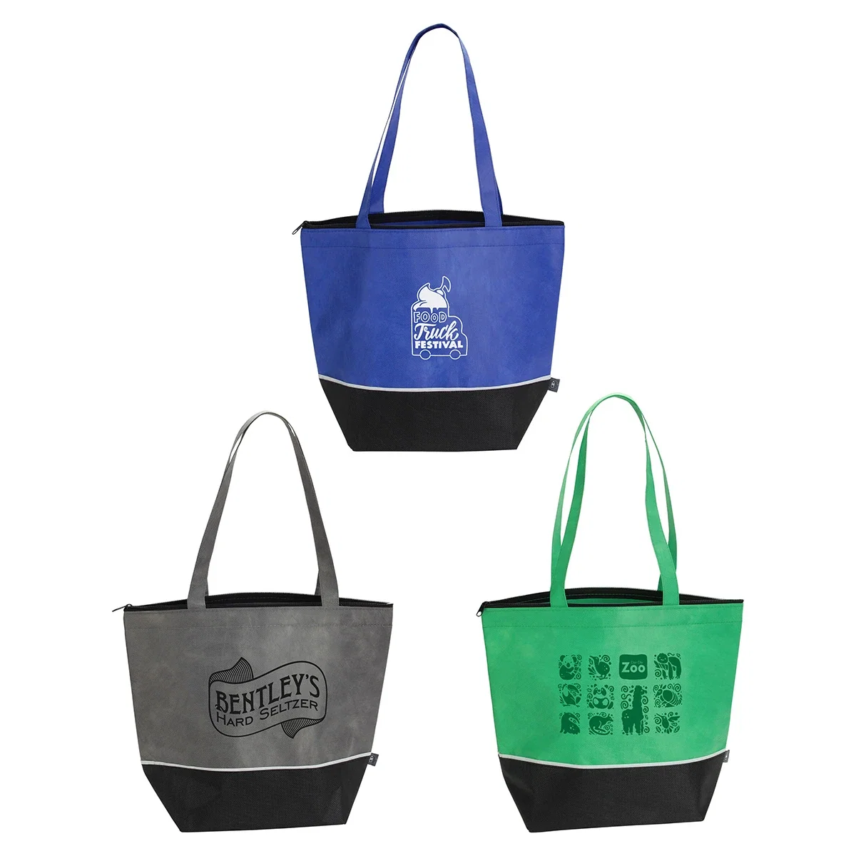 Carnival RPET cooler tote with gray woven trim and 24-inch non-woven carry handles