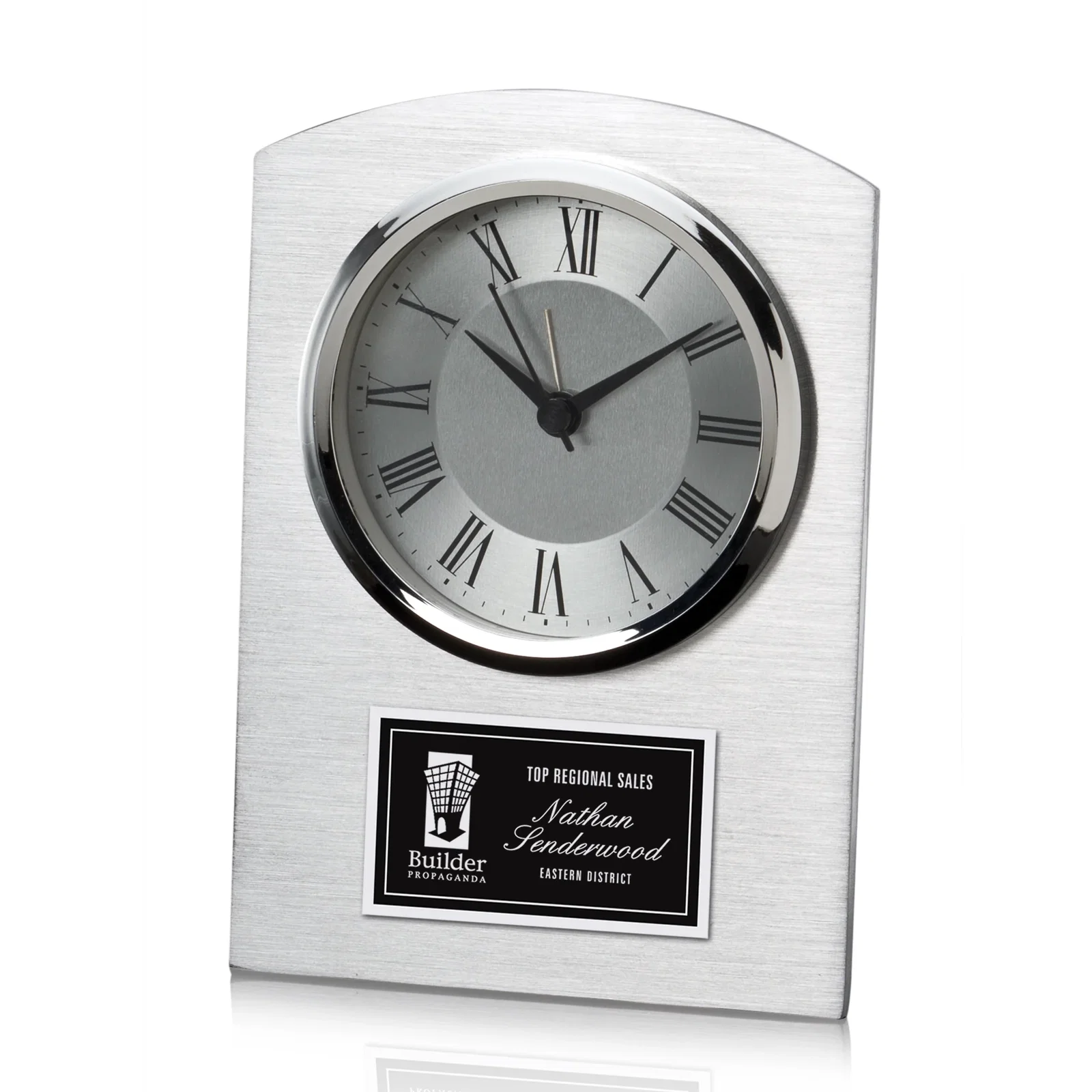 Custom Arched Brushed Aluminum Desk Clock with Chrome Face for employee recognition
