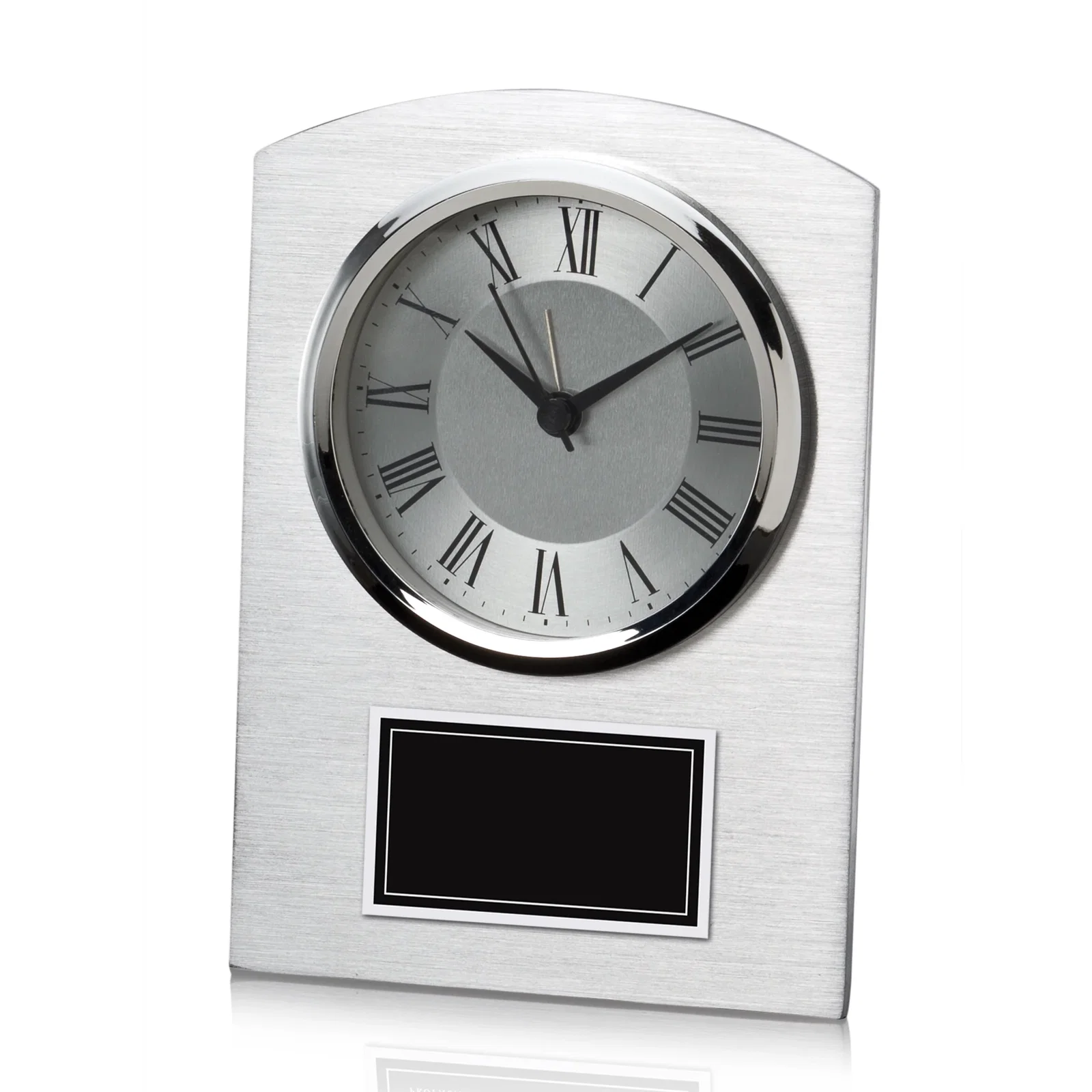 Custom Arched Brushed Aluminum Desk Clock with Chrome Face for corporate award ceremonies