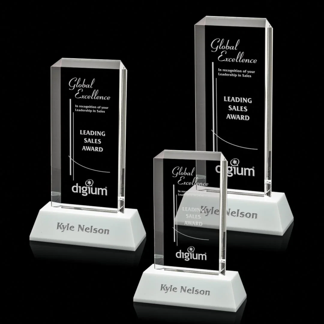 Custom Optical Crystal Rectangle Award With a Matching Beveled Base, awards for employee recognition