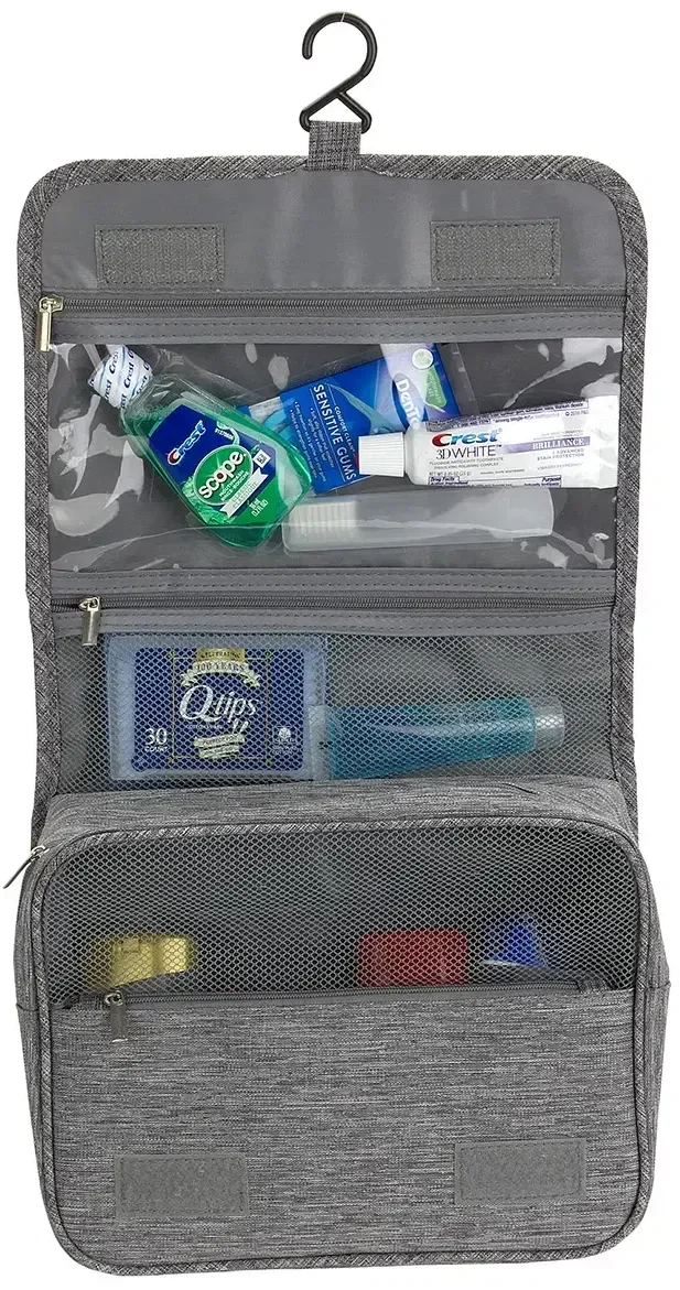 Branded Carry-All hanging toiletry bag open with sorted compartments, interior view