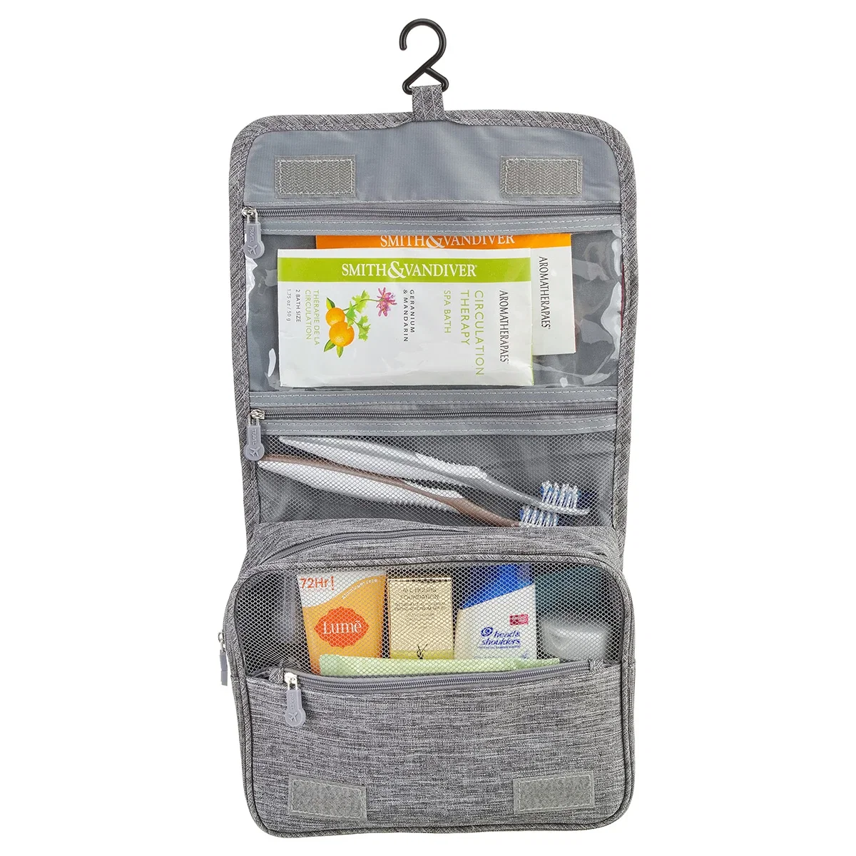 Custom logo Carry-All travel toiletry bag hanging at sink, lifestyle shot