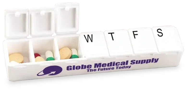 Carry Along All-Week Pill Box. Seven-compartment weekly pill box organizer with Braille day labels