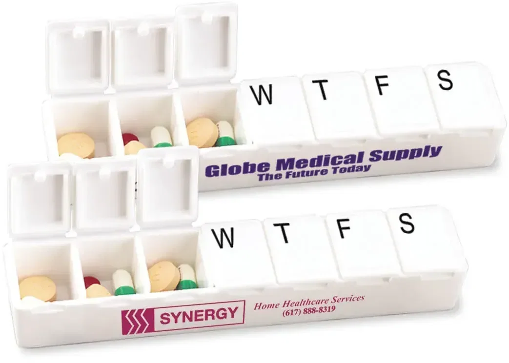 Carry Along All-Week Pill Box. Seven-compartment weekly pill box organizer with Braille day labels, view 2