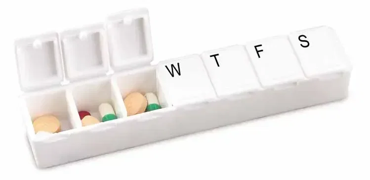Carry Along All-Week Pill Box. Seven-compartment weekly pill box organizer with Braille day labels, view 3