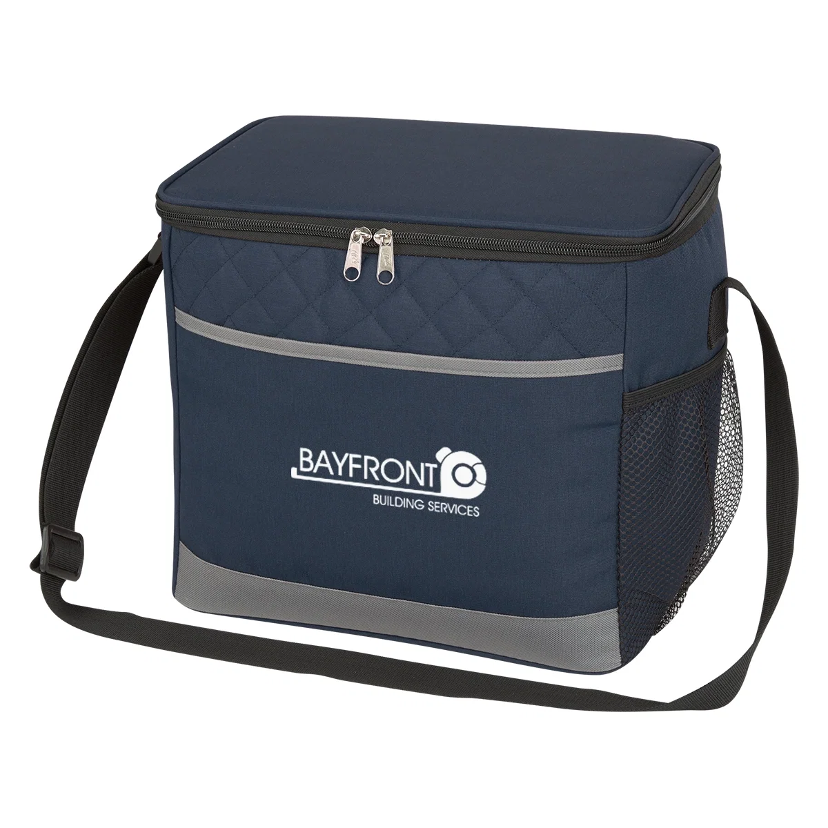 Quilted cooler bag with a zip closure and carry handles