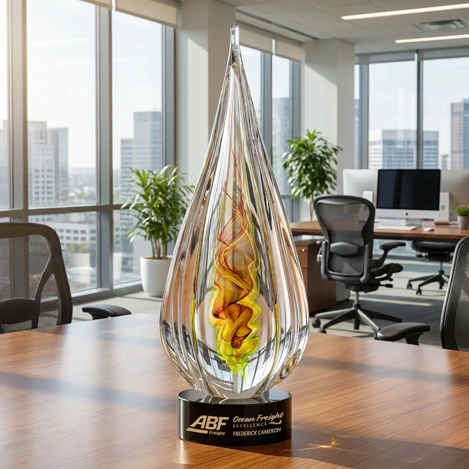 Custom Color Ribbon Art Glass Teardrop Award - Carterra for dealer and partner awards